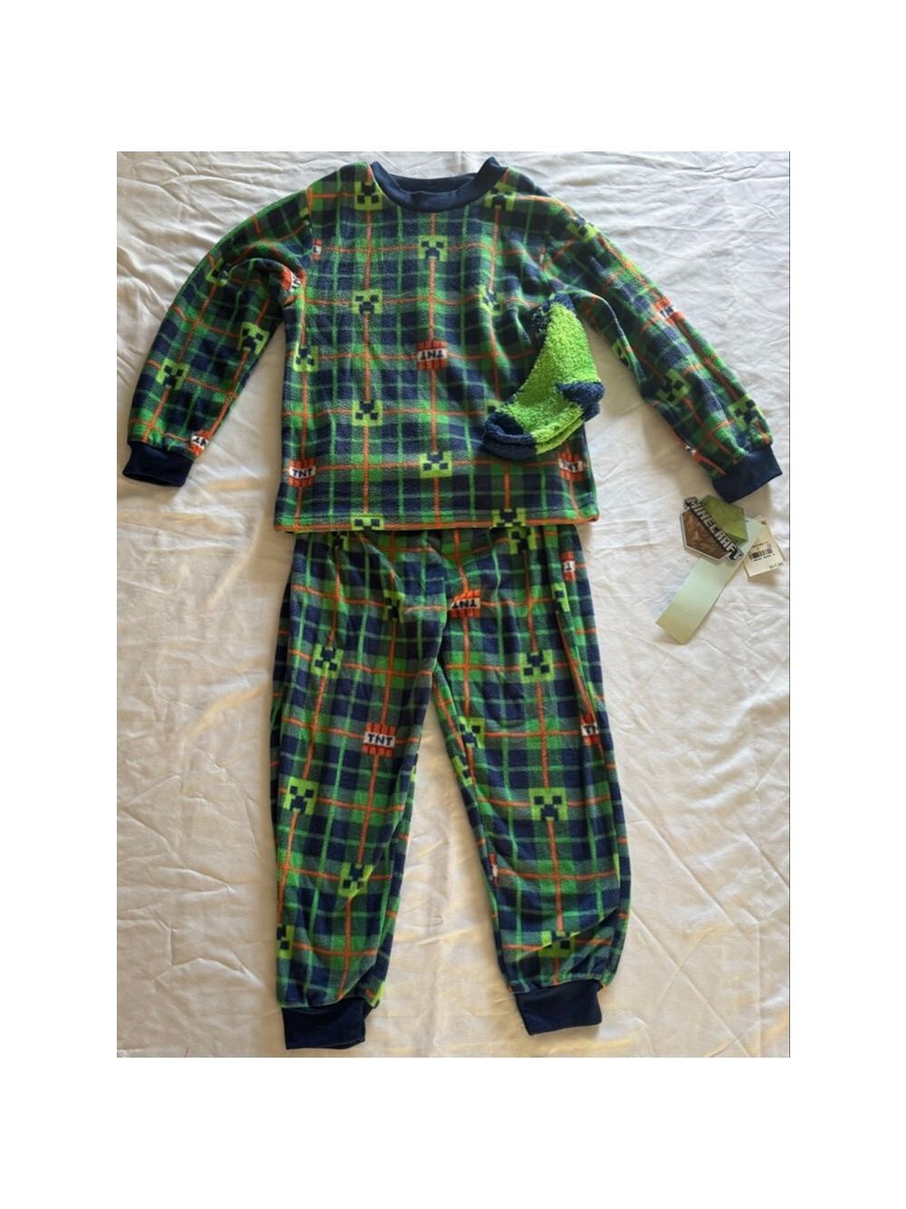 Boys Minecraft Pajama Set XS Green Blue Plaid Fleece